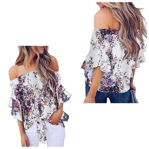 Venus Floral Off The Shoulder Tie Front Ruffle Sleeve Top